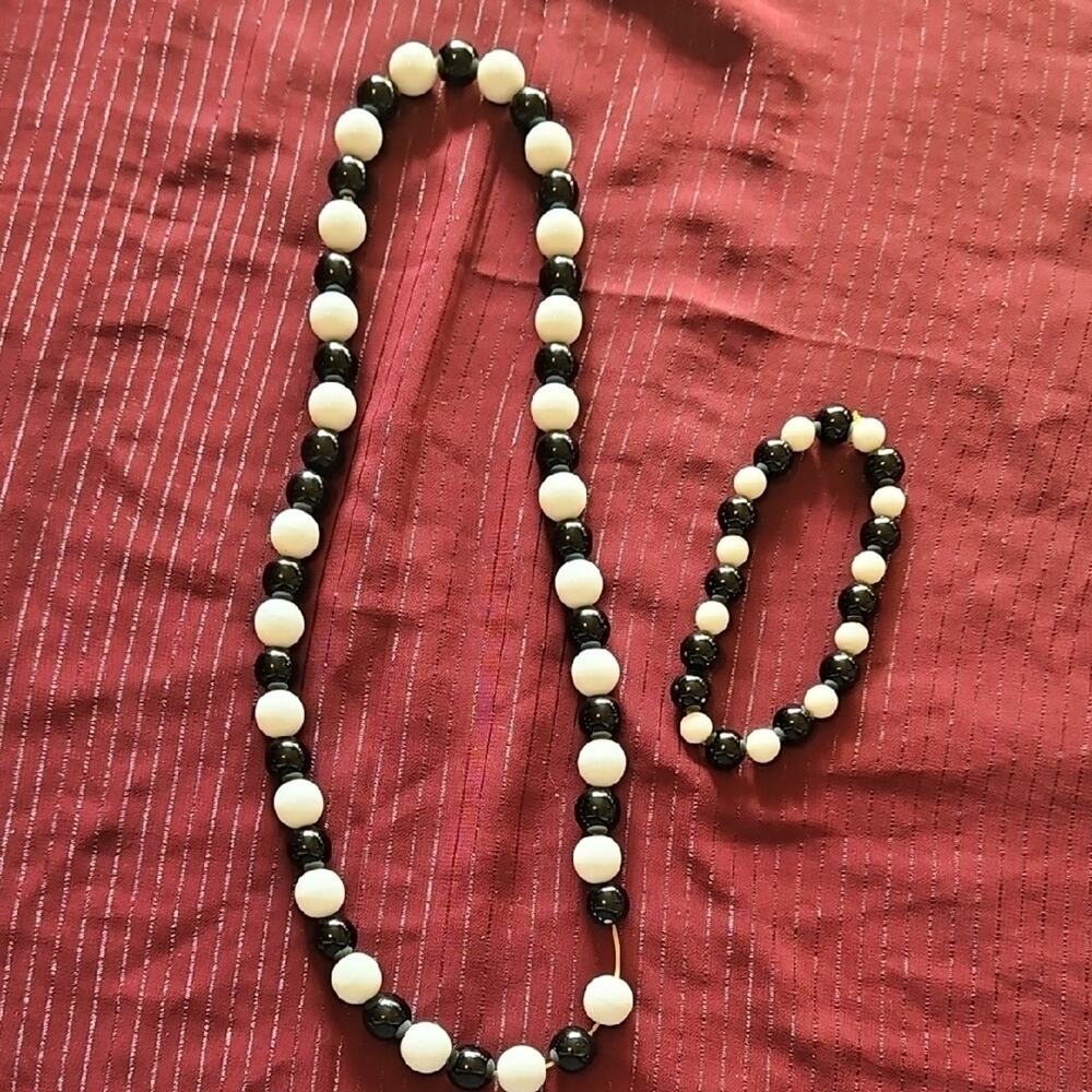 Handmade Black and White Beaded Necklace and Bracelet Set